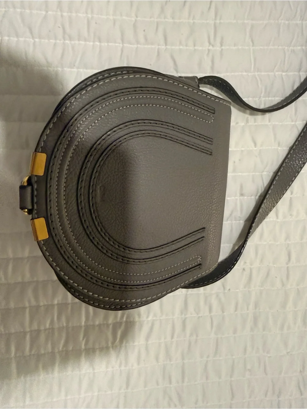 Chloe Grey Pebbled Leather Saddle Crossbody with Gold Hardware